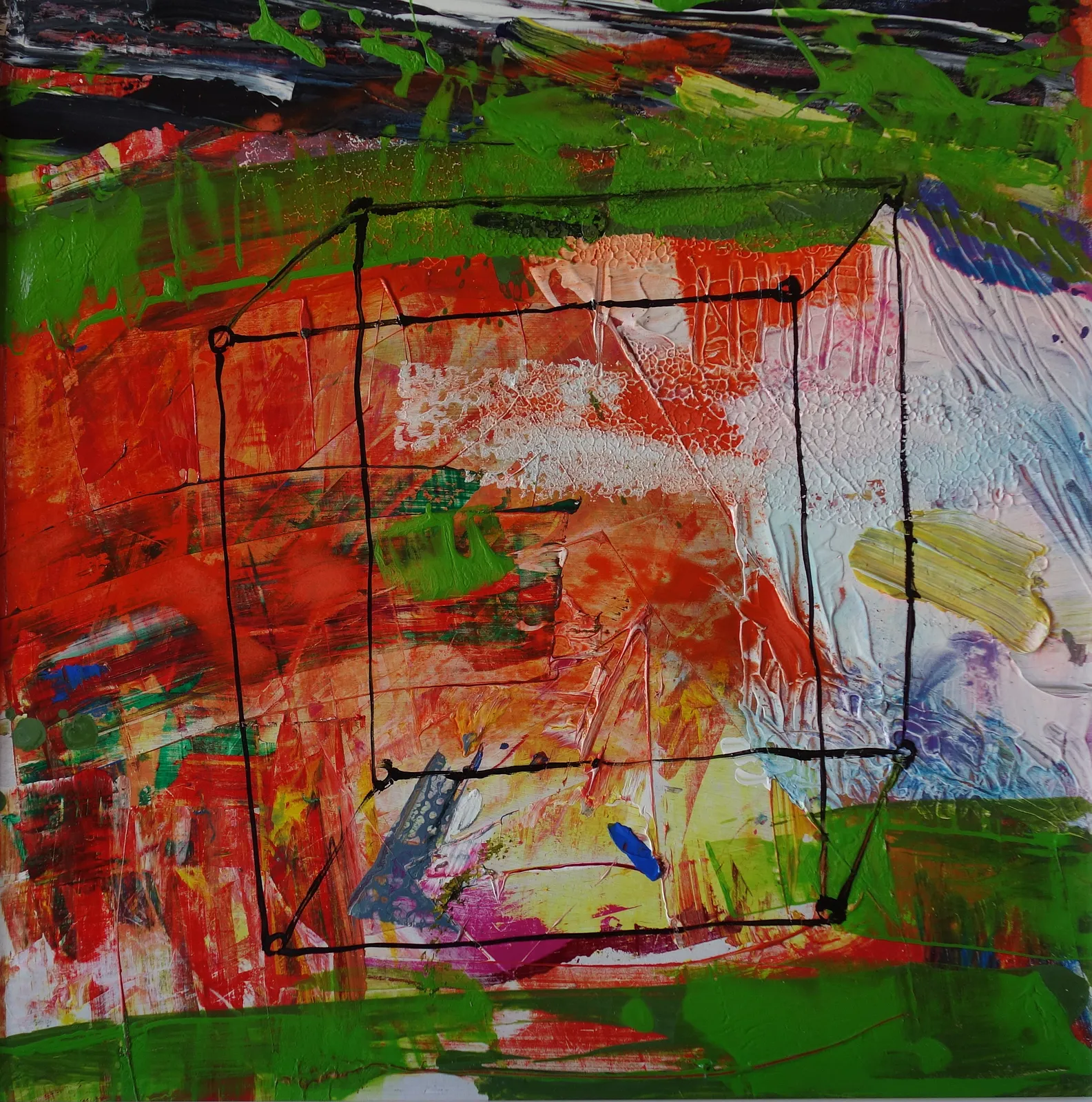 Image of 03. 19 — Shared Space/ "Diaries / Signs of the Times" Series by Maryan Besaga, size: 40 Х40 см, made of acrylic, cardboard, Painting medium, from Ukraine, part of the Diaries / Signs of Time series, priced at €1500